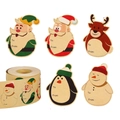 Roll of vintage kraft Christmas gift labels featuring Santa, reindeer, and penguin designs - Retro Kraft Paper Style (IB-5)