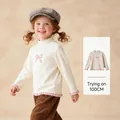 Beige mock neck long sleeve top for girls with pink bow print and ruffled edges - Beige / 110cm