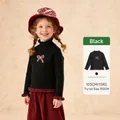 Girls' black long sleeve turtleneck T-shirt with a red bow detail on soft cotton fabric - Black / 120cm
