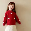 Children's festive red heart knit sweater featuring cable knit and 3D hearts - Red / 100cm