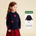 Girls navy blue knit sweater with red hearts and cable patterns for winter - Navy Blue / 100cm