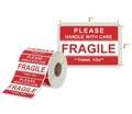 Rol met 3x2 inch Fragile Handle with Care verzendlabels met afmetingen getoond - Breekbaar Gelieve Voorzichtig Behandelen Dank U (OA4)
