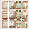 Set of 12 festive Christmas gift tags featuring Santa and Elf designs in vibrant colors - 85x58mm / Kraft Color
