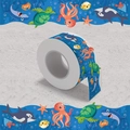 Bulletinboard-rand met zeedieren zoals haaien en schildpadden op blauwe achtergrond - Oceaandier patroon