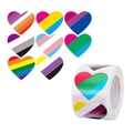 Rainbow heart stickers roll featuring diverse LGBTQ+ pride flags on a clean white backdrop - Style E