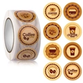 Roll of 8 assorted coffee themed round adhesive labels featuring cups and beans - Size 3*1 Inch (25mm)