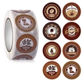 Macro view of coffee themed round adhesive stickers in roll format for cup sealing - Coffee Theme