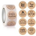 Close-up of eight vintage kraft paper handmade stickers with heart and floral designs - Kraft Paper Retro Handmade (Style 6) / 25mm