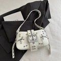 Chic white leather shoulder bag with silver rivets and zippers in a moto rock style - White