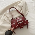 Vintage dark red faux leather motorcycle handbag with silver rivets and metal buckle - Red