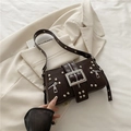 Vintage dark brown biker handbag with silver rivets and wide studded shoulder strap - Brown
