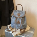 Zaino retrò in tela blu lavata con finiture in pelle marrone e gancio metallico - Blu
