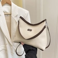 Chic beige canvas shoulder bag with brown leather trim and elegant handle strap - Off White Large No Charm