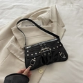 Chic black patent leather underarm bag with punk silver studs and buckle details - Black