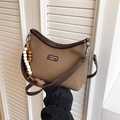 Retro canvas tote bag in camel and brown with vintage bead pendant and leather logo - Brown Large With Pendant