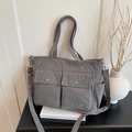 Large capacity grey corduroy tote bag with utility pockets and adjustable shoulder strap - Gray