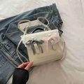 Creamy white PU leather square crossbody bag with lace trim and twin bows decoration - White