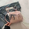 Pink PU leather mini backpack with white lace trim and bow details for women - Pink