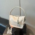 Glossy white faux leather handbag with silver chain strap and top handle for women - White