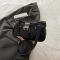 Y2K style black faux leather shoulder bag with silver buckles and metallic rivets - Black