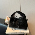 Minimalist black leopard print crossbody bag with drawstring and plush bear charm - Black With Pendant