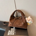 Brown leopard print hobo bag with bow decoration and white plush bear charm - Coffee With Pendant