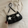 Borsa sottobraccio in pelle nera con toppe a stella bianche e fibbia in metallo a stella - Nero