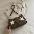 Borsa a spalla Y2K in denim marrone con toppe a stella bianche e fibbia in metallo - Cachi