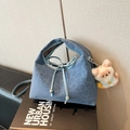 Blue suede-textured dumpling bag with leopard pattern and plush bear charm - Blue with Pendant