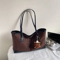 Brown leopard print tote bag with black leather trim and cute plush charm pendant - Coffee With Plush Pendant