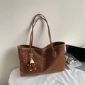 Brown leopard print suede tote bag with plush charm and leather trim for daily use - Brown With Plush Pendant