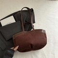 Bolso tote de ante marrón oscuro con costuras blancas en contraste y asas de cuero - Estilo de Patchwork de Materiales / Marrón