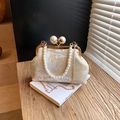 Elegant Chinese embroidery handbag with pearl handle and golden chain on wooden table - Silver