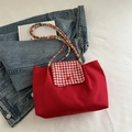 Red nylon tote bag with red and white checkered flap and bohemian beaded shoulder strap - Red White Plaid Style (6094177591730)