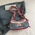 Blue denim tote bag with red gingham ruffled straps and floral lace details - Denim Patchwork Style (6094177591731)