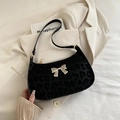 Chic black flocking leopard print underarm bag with gold butterfly metal clasp - Black