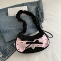 Pink and black nylon tote bag with bow detail, heart pendant and ruched handle - Pink Bow Ribbon Style (6094177591732)