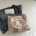 Beige nylon tote bag with embroidered cat, star patterns and metal chain straps - Cat Print Canvas Style (6094177591733)