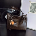 Large dark brown PU leather tote bag with vintage texture and orange baseball glove charm - With Pendant / Brown