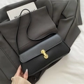 Minimalist black lychee leather shoulder bag with elegant gold metal twist lock - Black