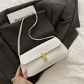 Minimalist white litchi pattern shoulder bag with golden rectangular turn-lock - White