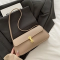 Chic beige shoulder bag with lychee texture and gold buckle for women - Khaki