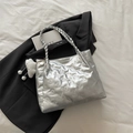 Silver metallic tote bag with bear embossed pattern and woven rope handles - Silver with Charm