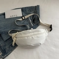 White minimalist nylon dumpling chest bag with woven rope zipper and adjustable strap - White
