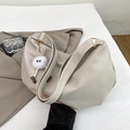 Minimalist beige Hobo tote bag in soft PU leather with a cute plush monster charm - With Pendant / White