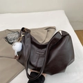 Large capacity dark brown PU leather hobo bag with trendy plush charm and wide strap - With Pendant / Brown