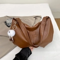 Brown vintage faux leather tote bag with fashion trend patch and plush monster charm - With Pendant / Brown