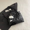 Black pleated tote bag with woven straps and a cute white cloud plush pendant - Black With Pendant
