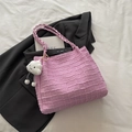 Pink seersucker tote bag with braided handles and cloud charm on black blazer - With Pendant / Pink