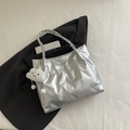 Silver metallic pleated tote bag with woven handle and cute white cloud charm - Silver with Charm